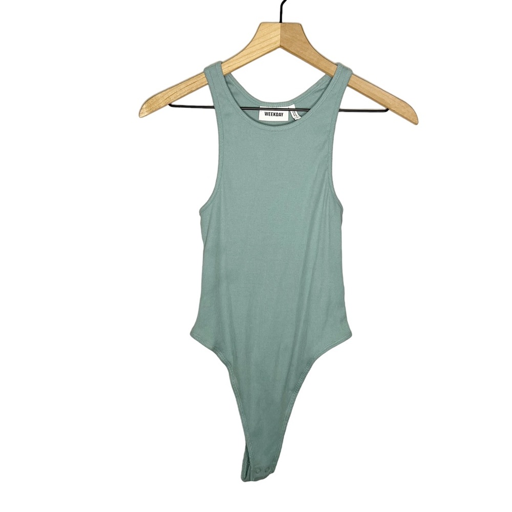 Weekday Ribbed Sleeveless Adley Thong Bodysuit in Blue/Green S